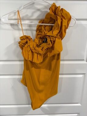 Express Mustard One-Shoulder Ruffle Bodysuit